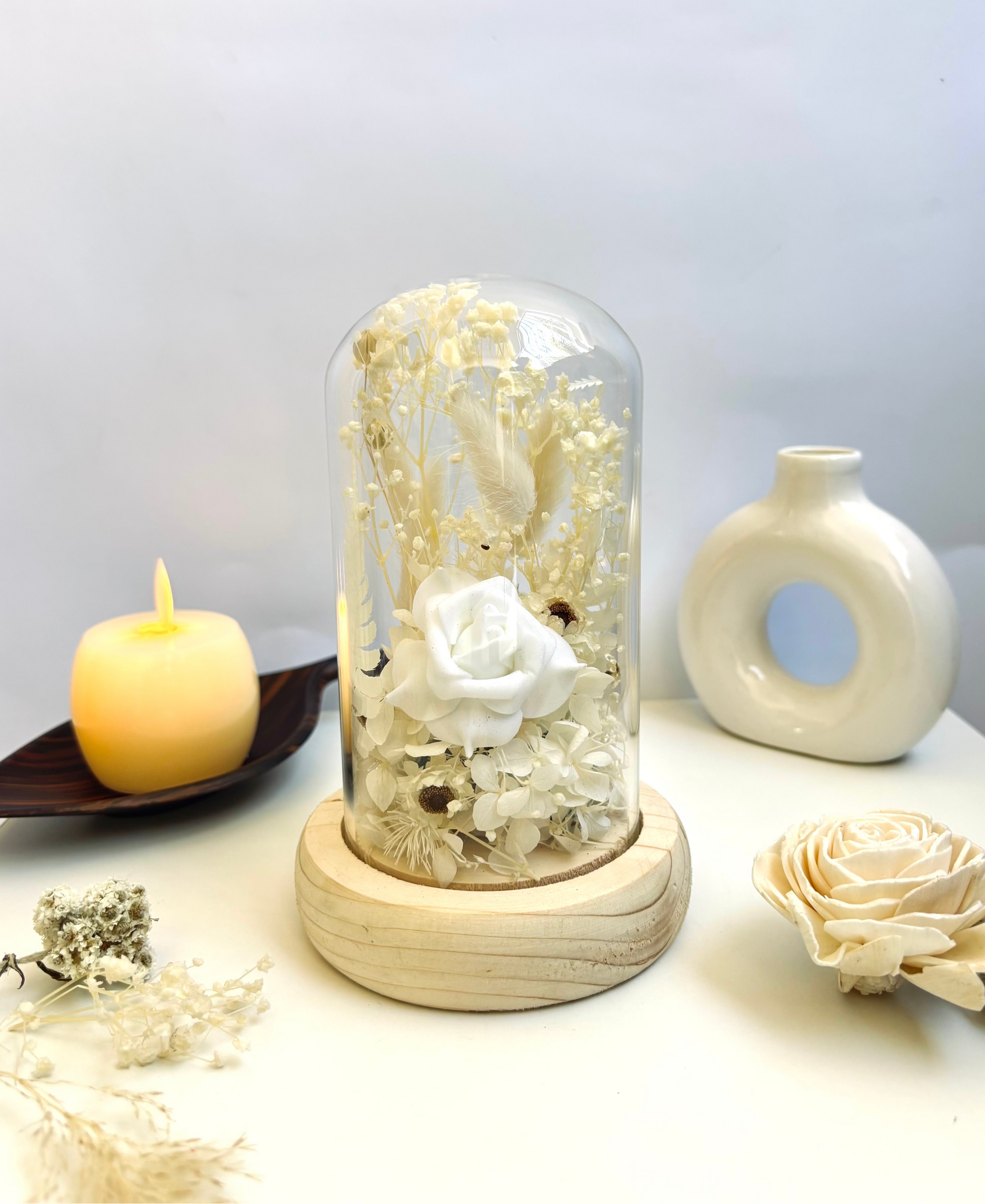 Winter White Preserved Flower Glass Dome (Medium)