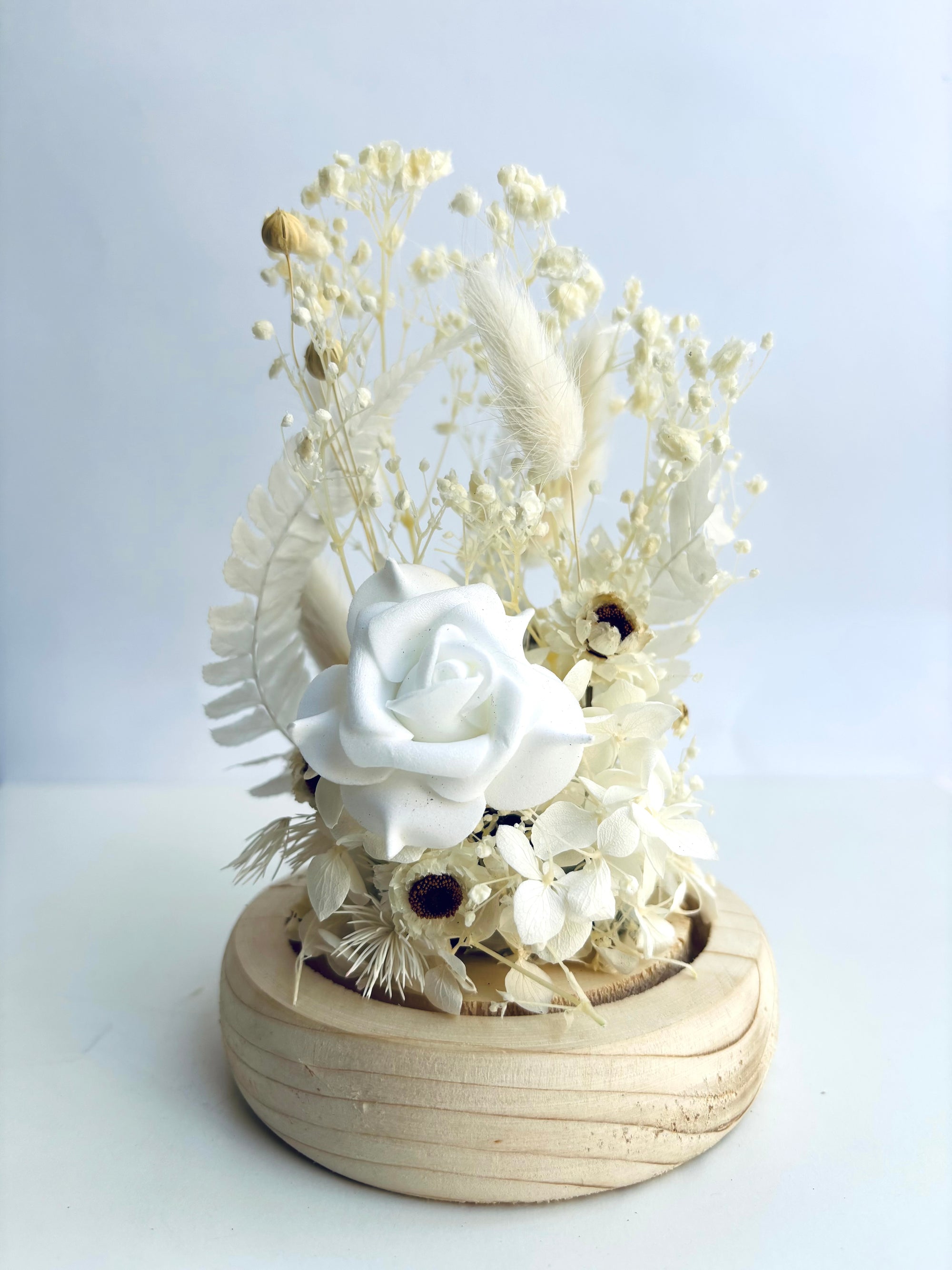 Winter White Preserved Flower Glass Dome (Medium)