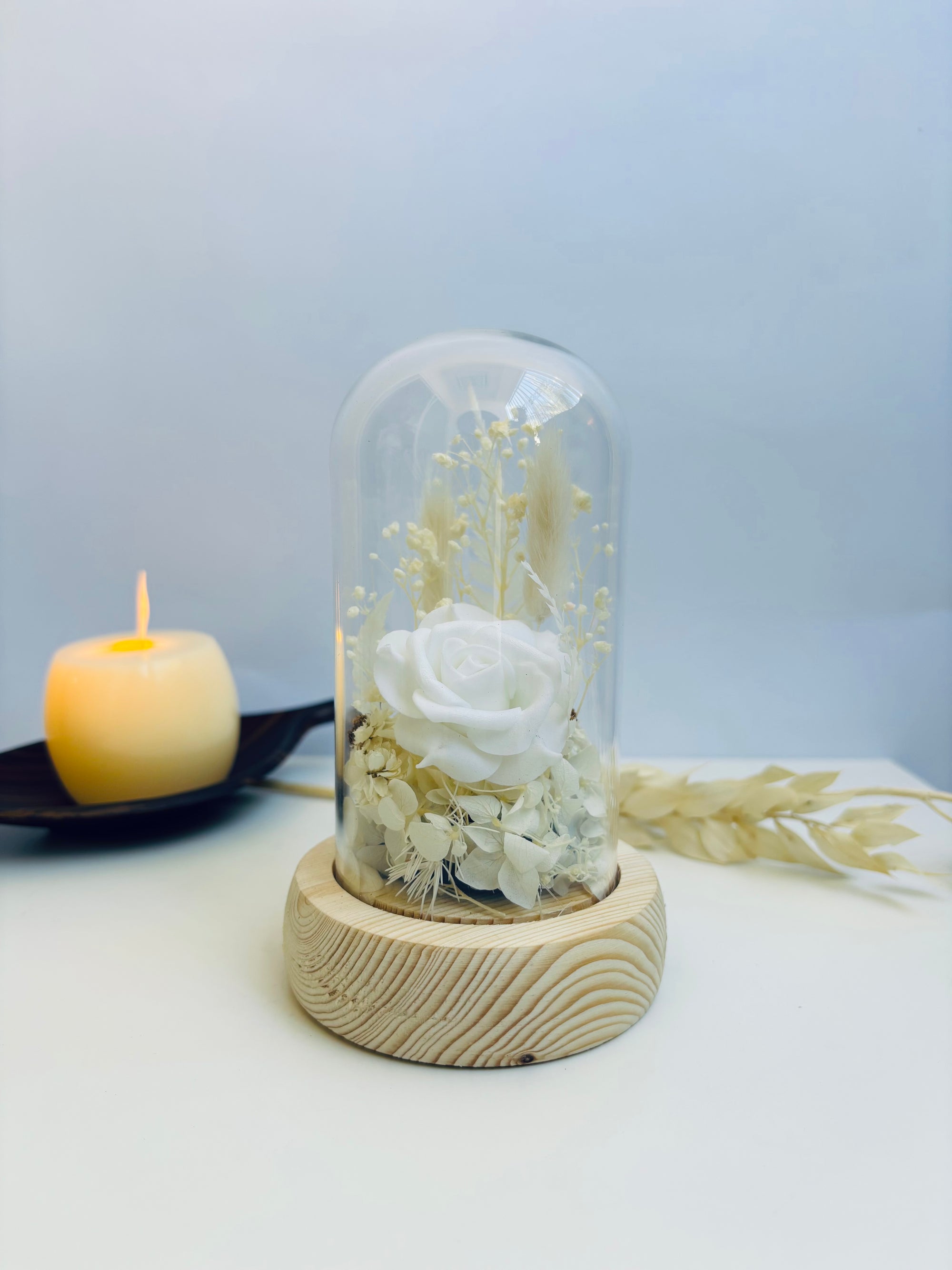 Winter White Preserved Flower Glass Dome (Small)
